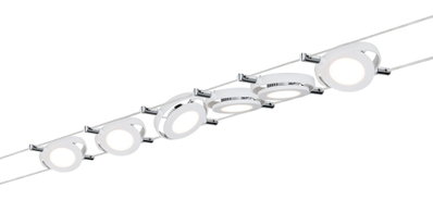 Moderne weiße LED-Seilspotleuchten mit Chromakzenten für flexible Raumbeleuchtung