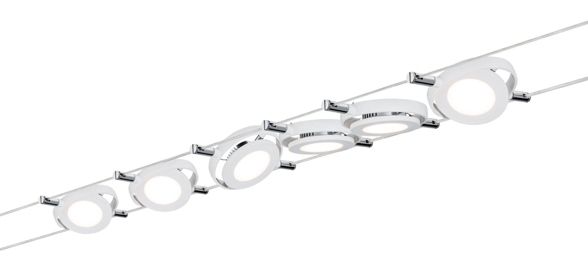 Modern white LED cable spotlights with chrome accents for flexible room lighting