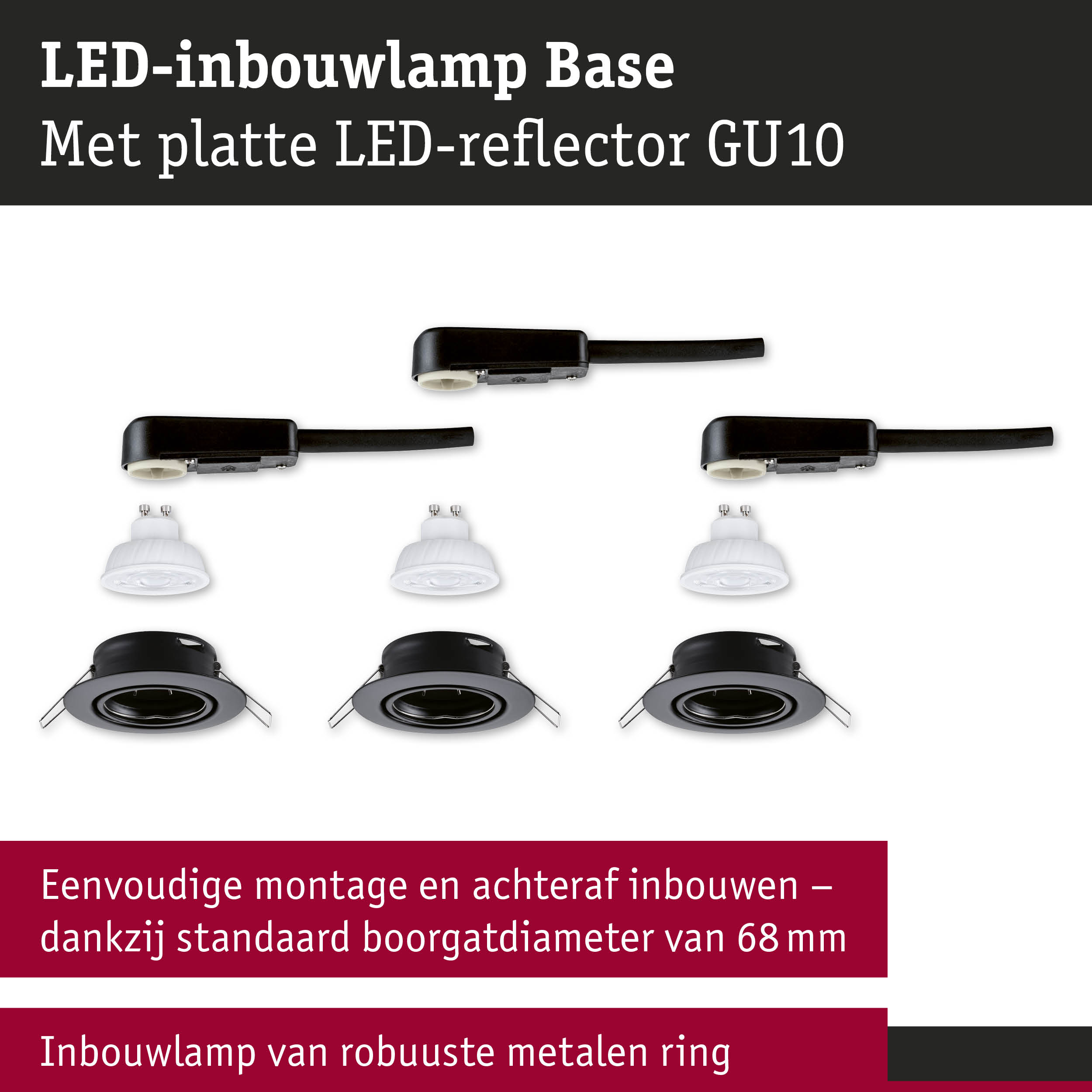 LED-inbouwlamp Base met platte LED-reflector GU10 en robuuste metalen ring in zwart