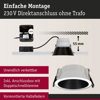 Einbau-LED-Spot in Weiß und Schwarz mit 55 mm Einbautiefe und Anschlussbox für 230V Direktanschluss