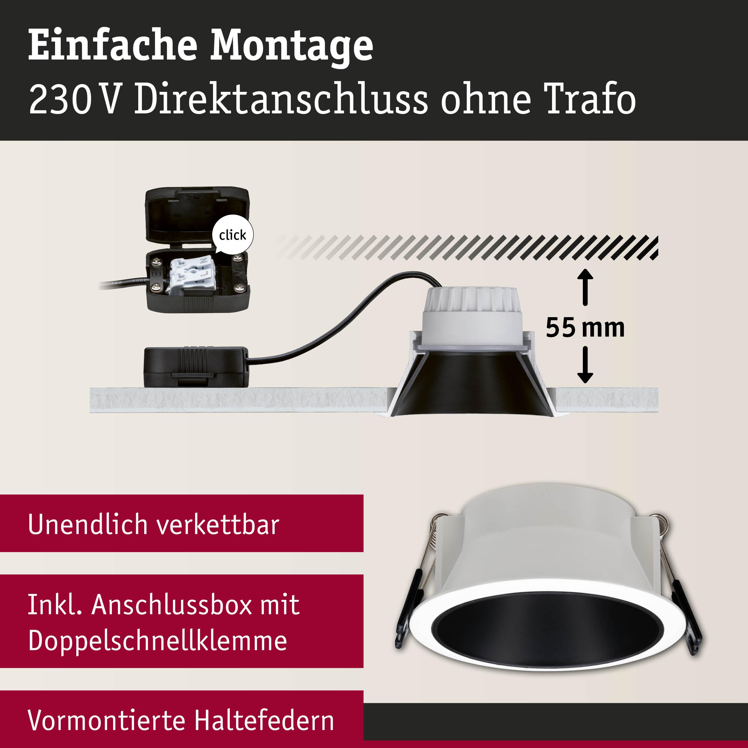Einbau-LED-Spot in Weiß und Schwarz mit 55 mm Einbautiefe und Anschlussbox für 230V Direktanschluss