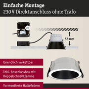 Weißer LED-Einbaustrahler mit schwarzem Innenring und Anschlussbox für 230 V Direktanschluss ohne Trafo