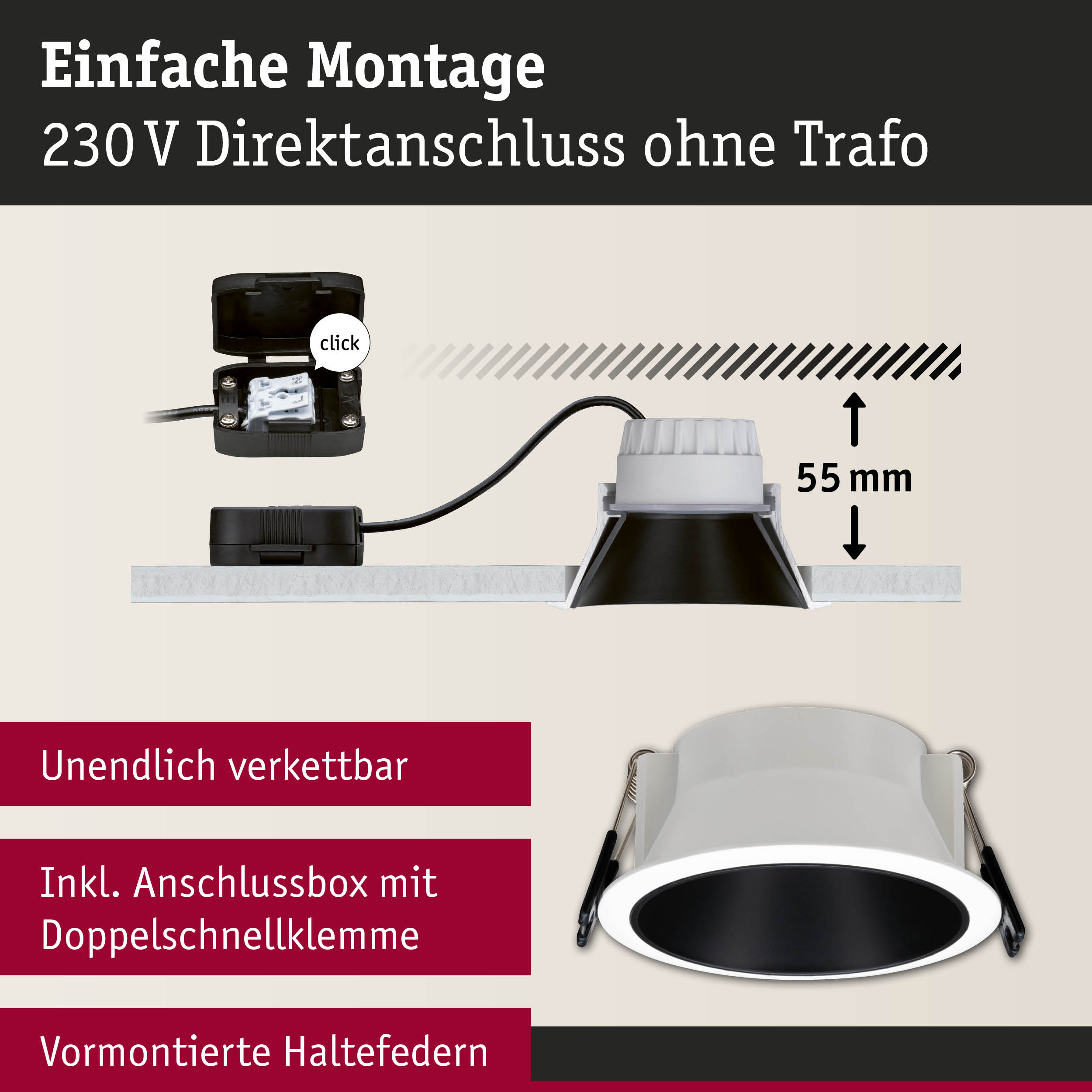 Weißer LED-Einbaustrahler mit schwarzem Innenring und Anschlussbox für 230 V Direktanschluss ohne Trafo