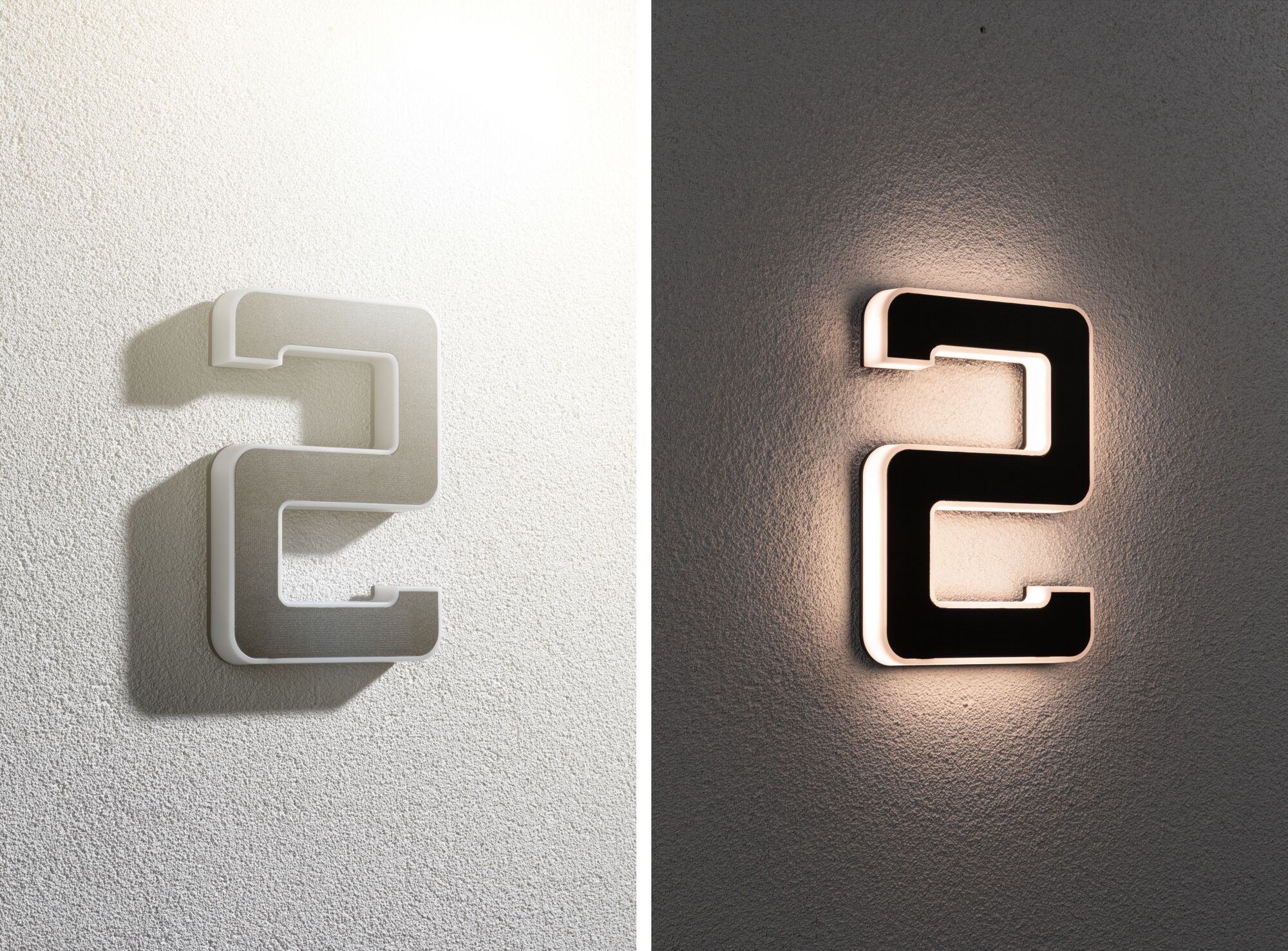 Modern metal house number 2 in grey with LED lighting for exterior walls, shown day and night.