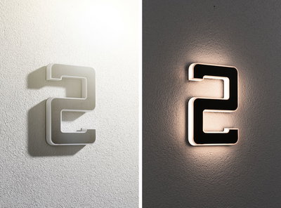 Modern metal house number 2 in grey with LED lighting for exterior walls, shown day and night.