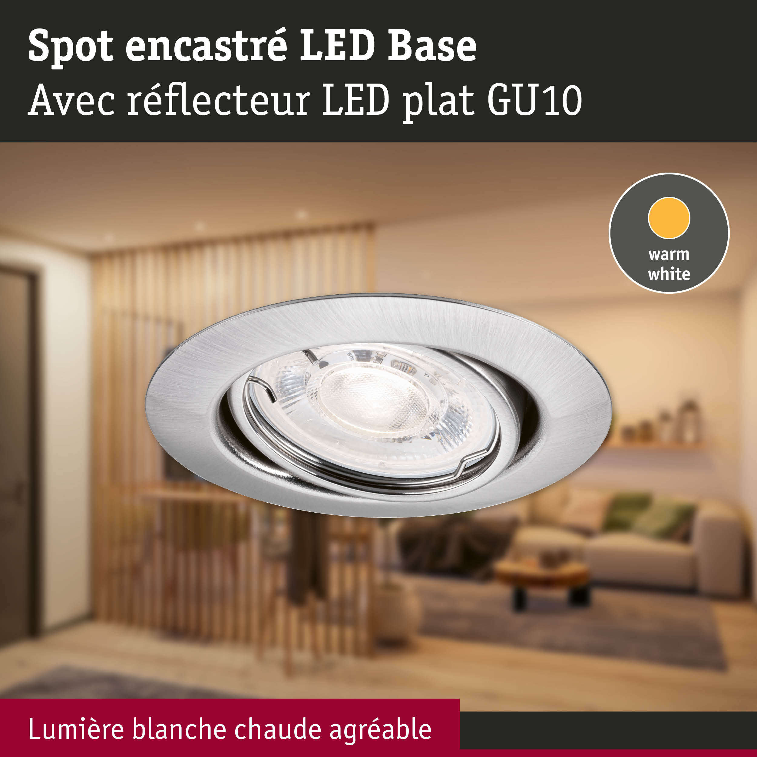 Spot encastré LED en métal brossé avec lumière blanc chaud pour un éclairage d'ambiance