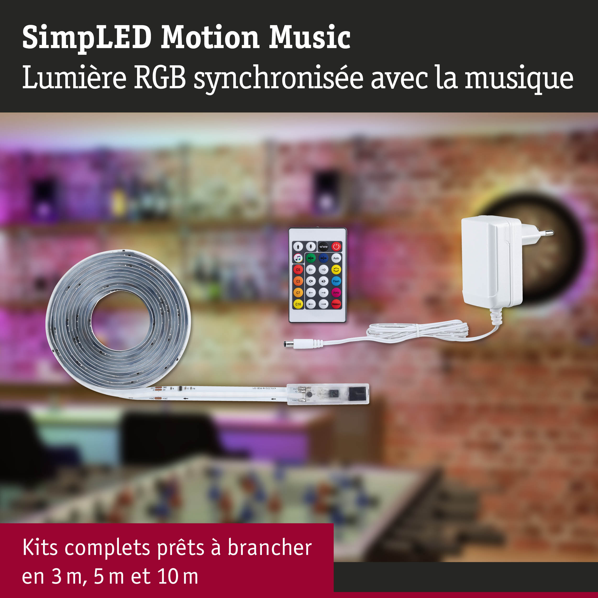 Bande LED RGB SimplLED Motion Music avec télécommande et alimentation synchronisée avec la musique