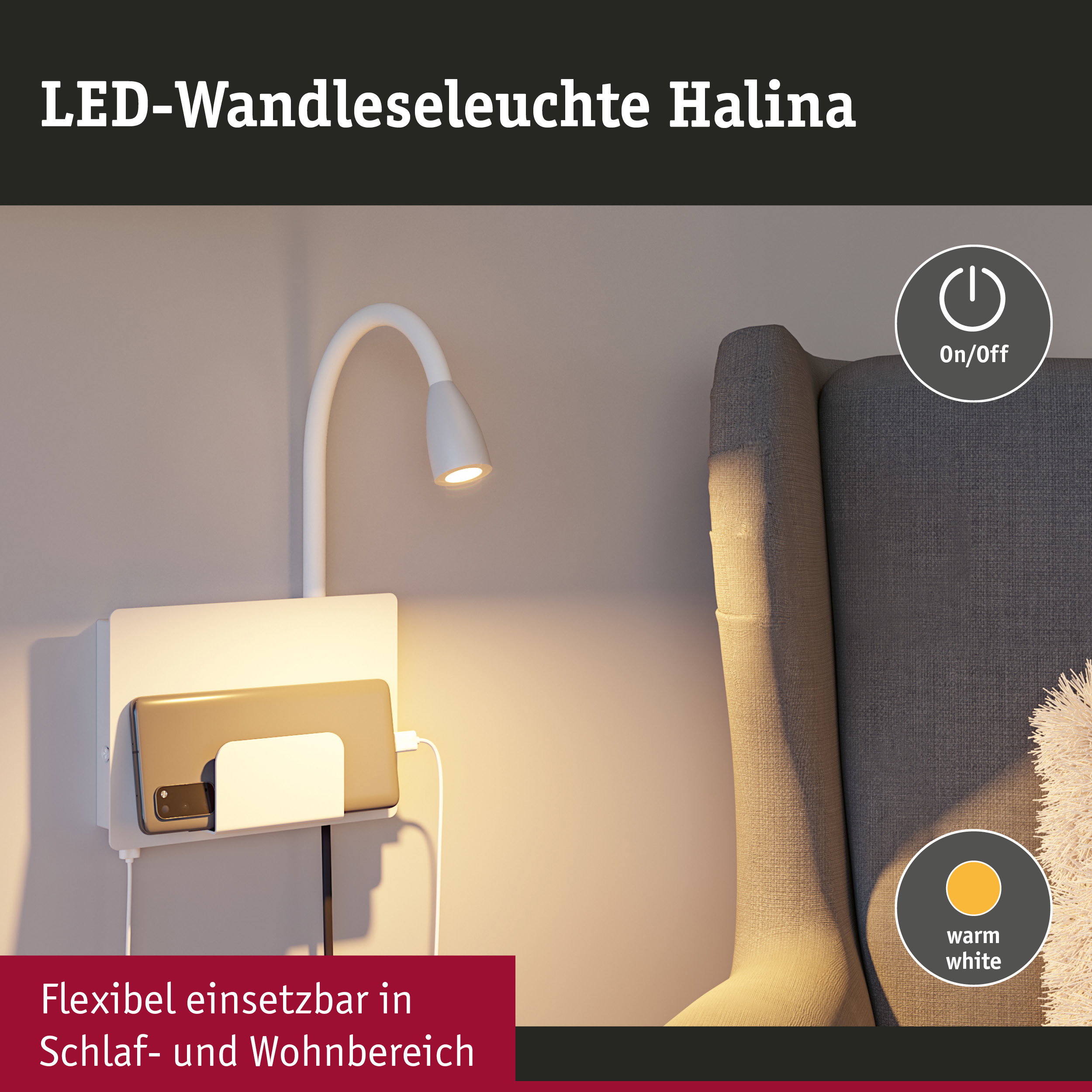 Weiße LED-Wandleseleuchte Halina mit flexiblem Arm und warmweißem Licht neben grauem Sessel
