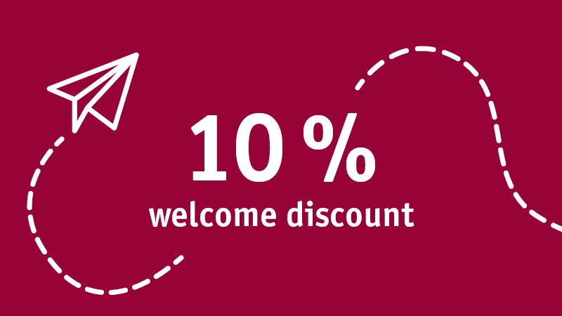 Red banner with white paper plane and 10% welcome discount text for online shop promotion