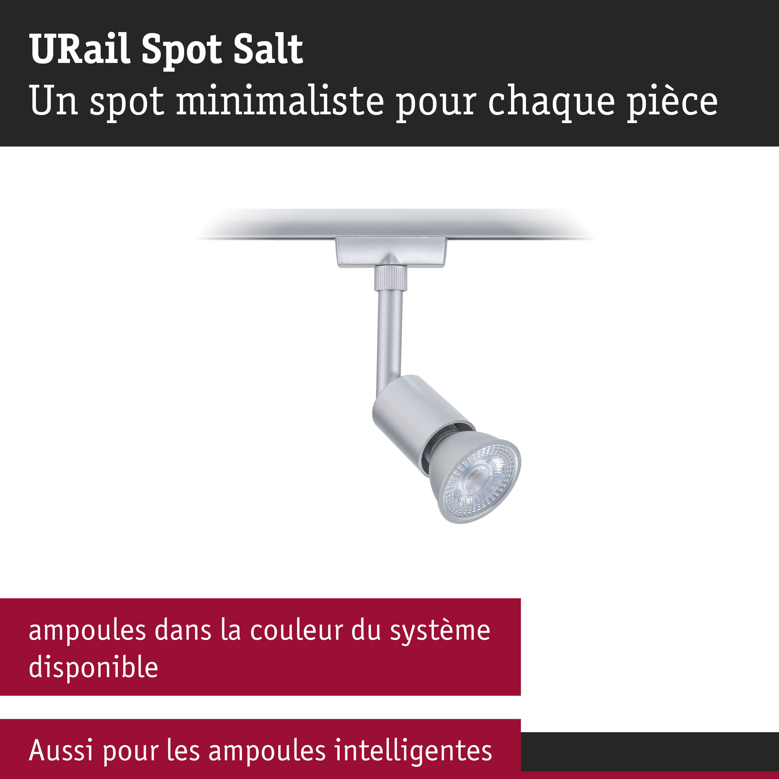 Spot URail Spot Salt minimaliste en argent mat pour éclairage LED intérieur flexible