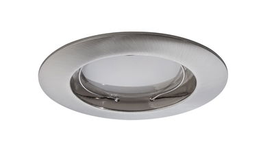 Runder Einbaustrahler aus gebürstetem Edelstahl mit weißem Diffusor für moderne LED-Beleuchtung