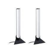 Deux lampes LED modernes avec corps lumineux blanc et base triangulaire noire pour intérieur