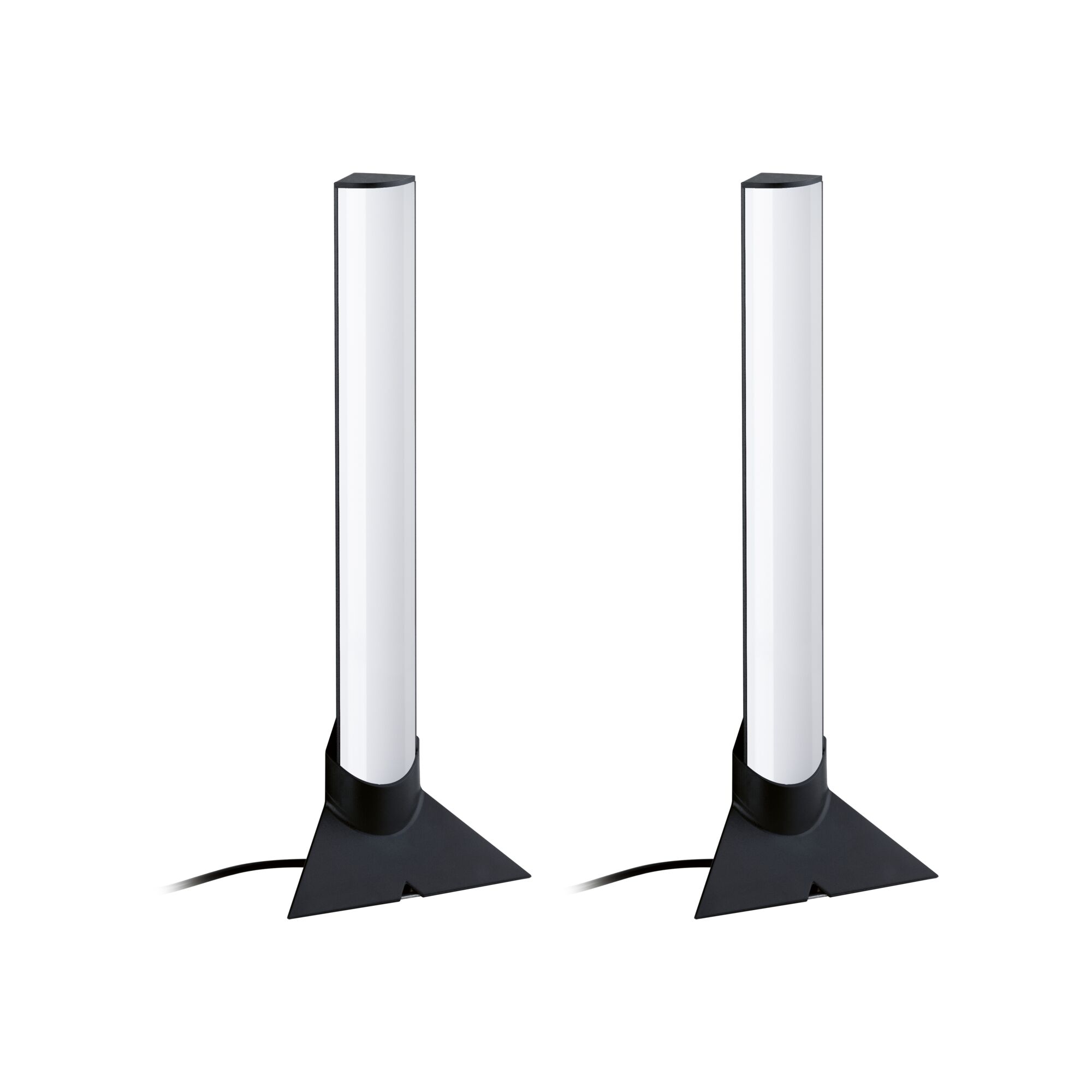 Deux lampes LED modernes avec corps lumineux blanc et base triangulaire noire pour intérieur