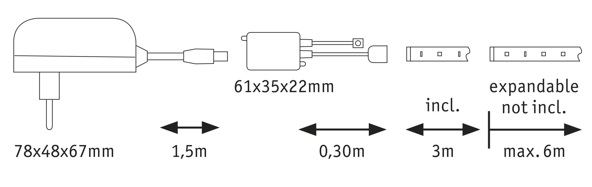 Technical drawing of power adapter with dimensions and cable lengths for LED lighting systems.
