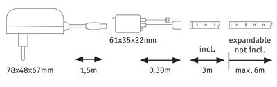 Technical drawing of power adapter with dimensions and cable lengths for LED lighting systems.