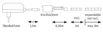Technische tekening van een adapter met afmetingen en kabellengtes voor LED-verlichtingssystemen.