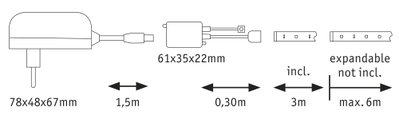 Schéma technique d'un adaptateur secteur avec dimensions et longueurs de câble pour éclairage LED.