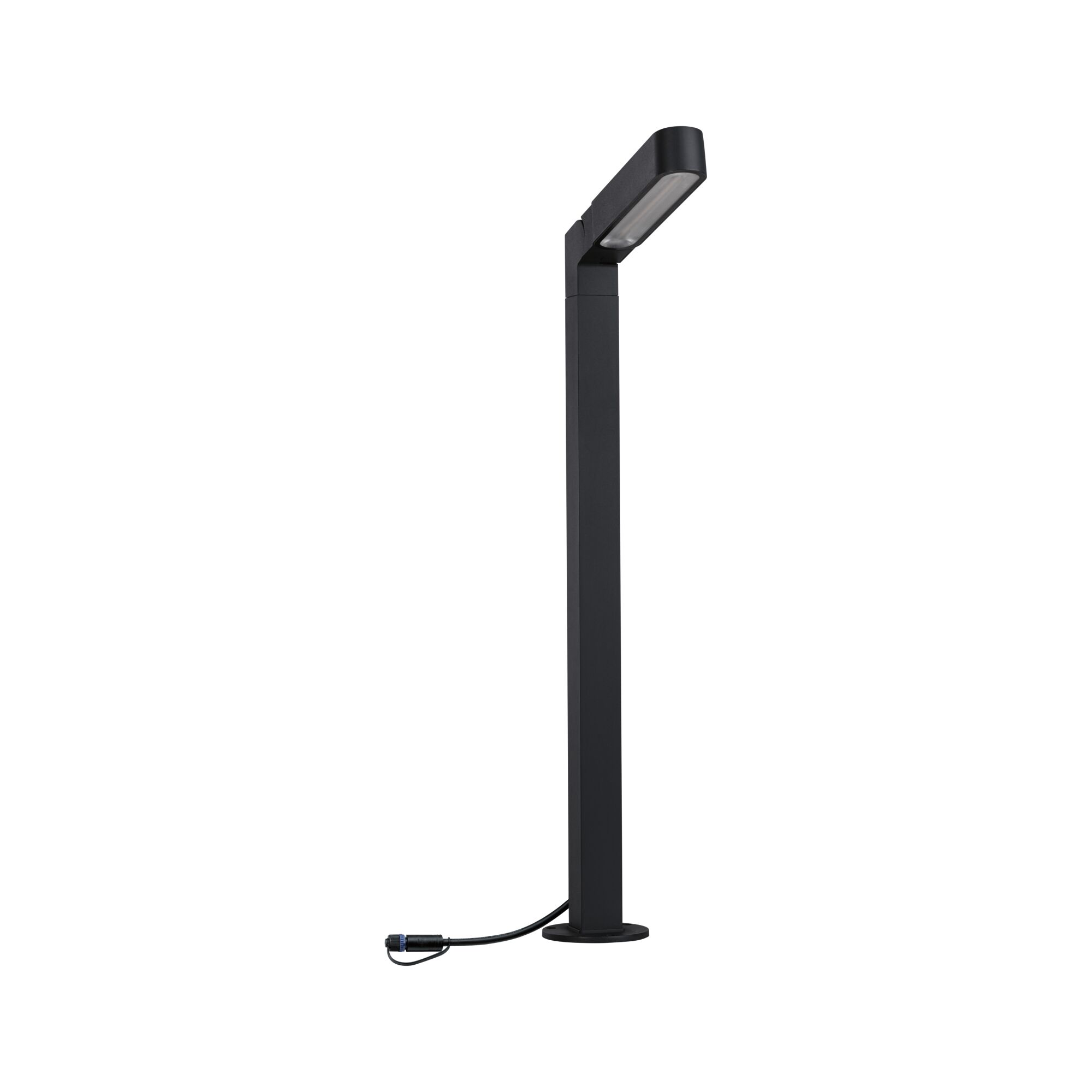 Zwarte metalen LED-buitenlamp met rechthoekige kop en kabelverbinding voor tuinverlichting
