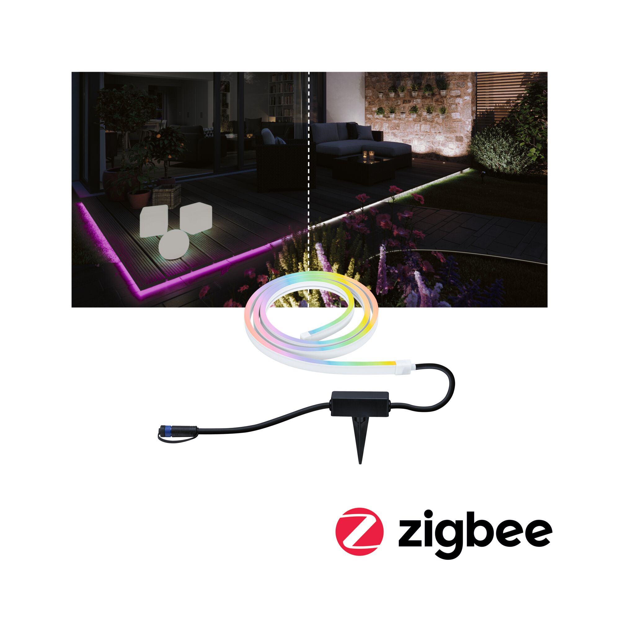 Bande LED colorée pour extérieur avec piquet de terre et fonction Zigbee pour éclairage de jardin intelligent