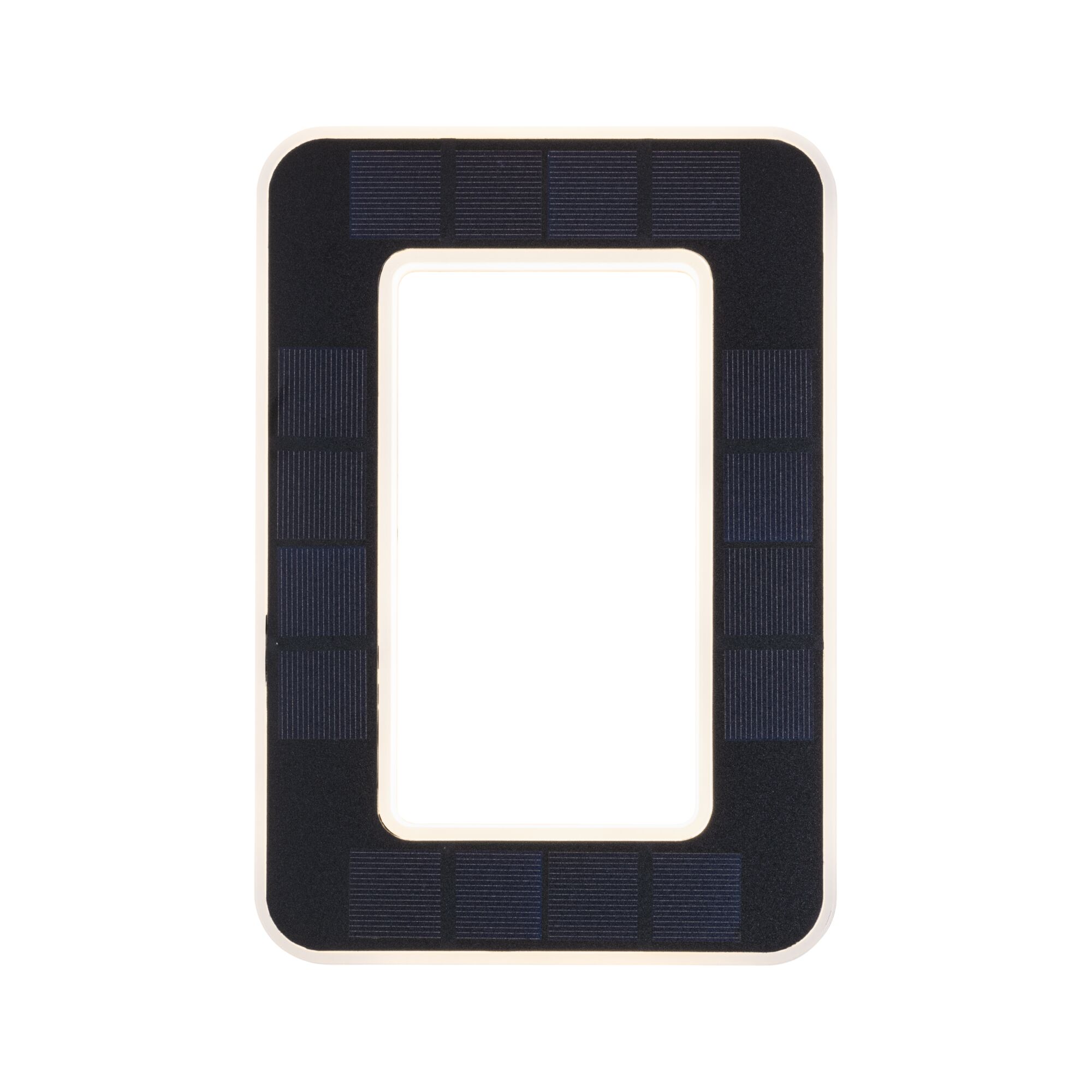 Rectangular solar light with black solar panel and white frame for energy-saving outdoor lighting