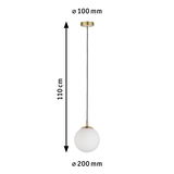 Suspension avec globe en verre blanc et métal laiton, 110 cm de long, 20 cm de diamètre