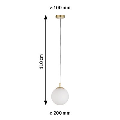 Pendant light with white glass globe and brass metal, 110 cm length, 20 cm diameter
