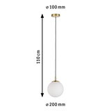 Pendant light with white glass globe and brass metal, 110 cm length, 20 cm diameter