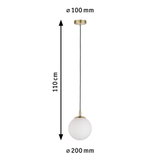 Suspension avec globe en verre blanc et métal laiton, 110 cm de long, 20 cm de diamètre