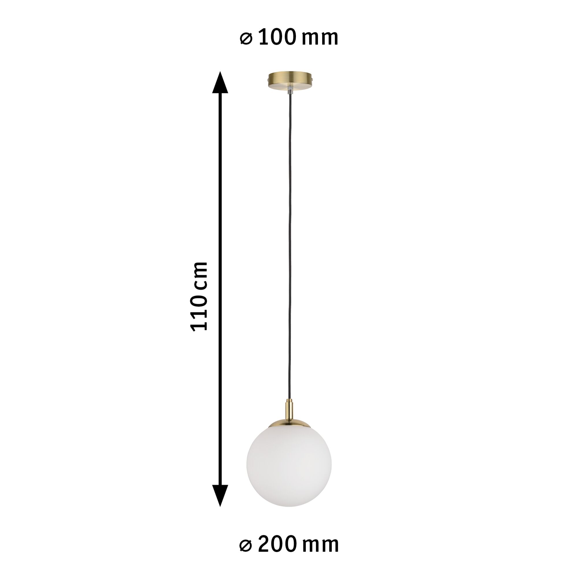 Pendellampe med hvidt glas og messingfarvet metal, 110 cm længde, 20 cm diameter