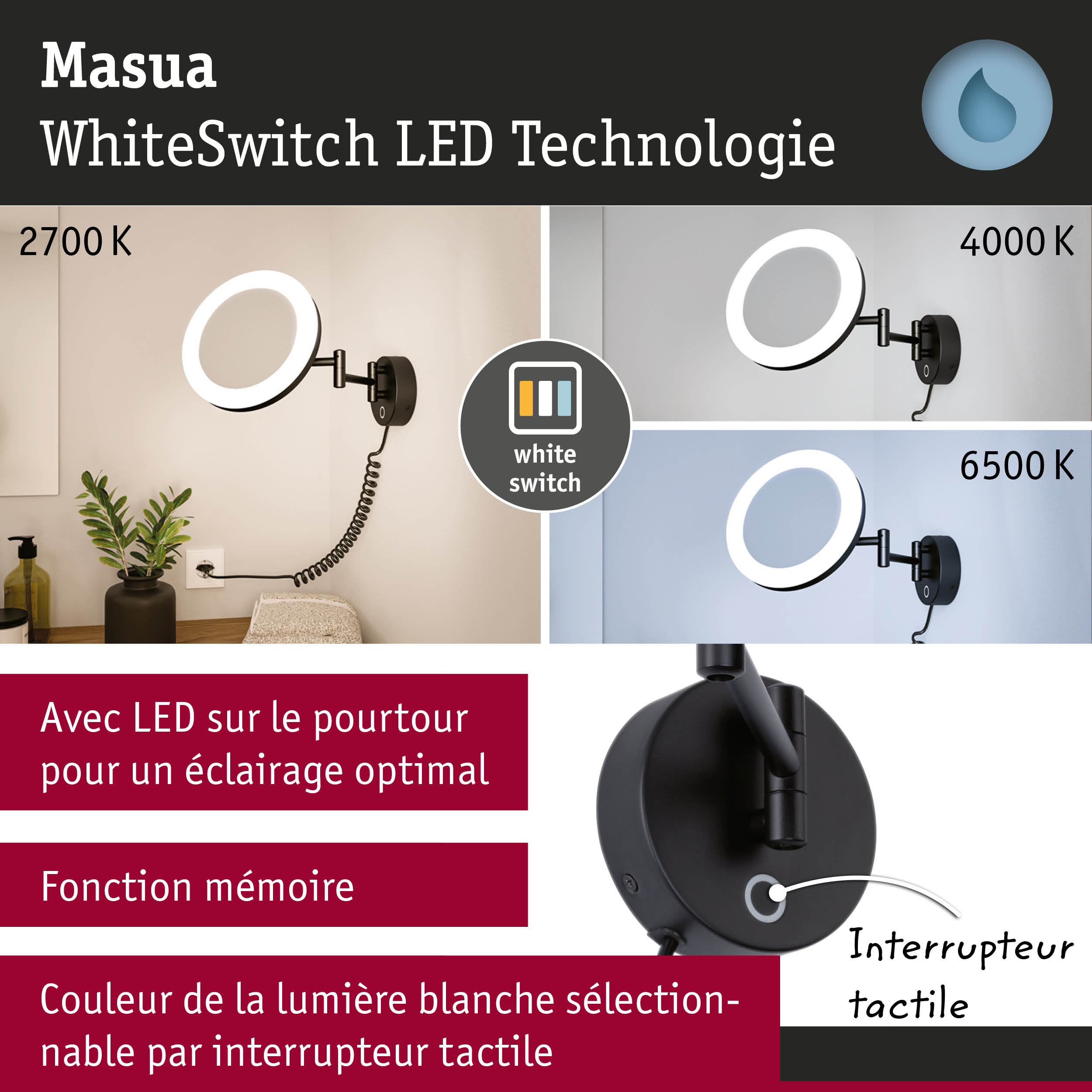 Applique murale noire Masua WhiteSwitch LED avec température de lumière blanche réglable de 2700K à 6500K