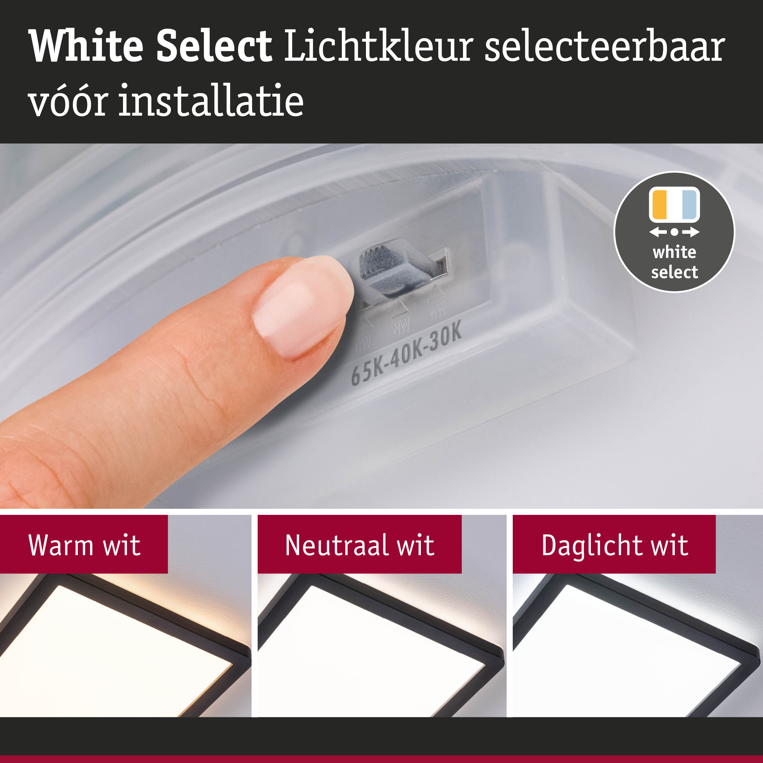 Vinger stelt witte lichtkleur in op LED-plafondlamp met instelbare kleurtemperatuur