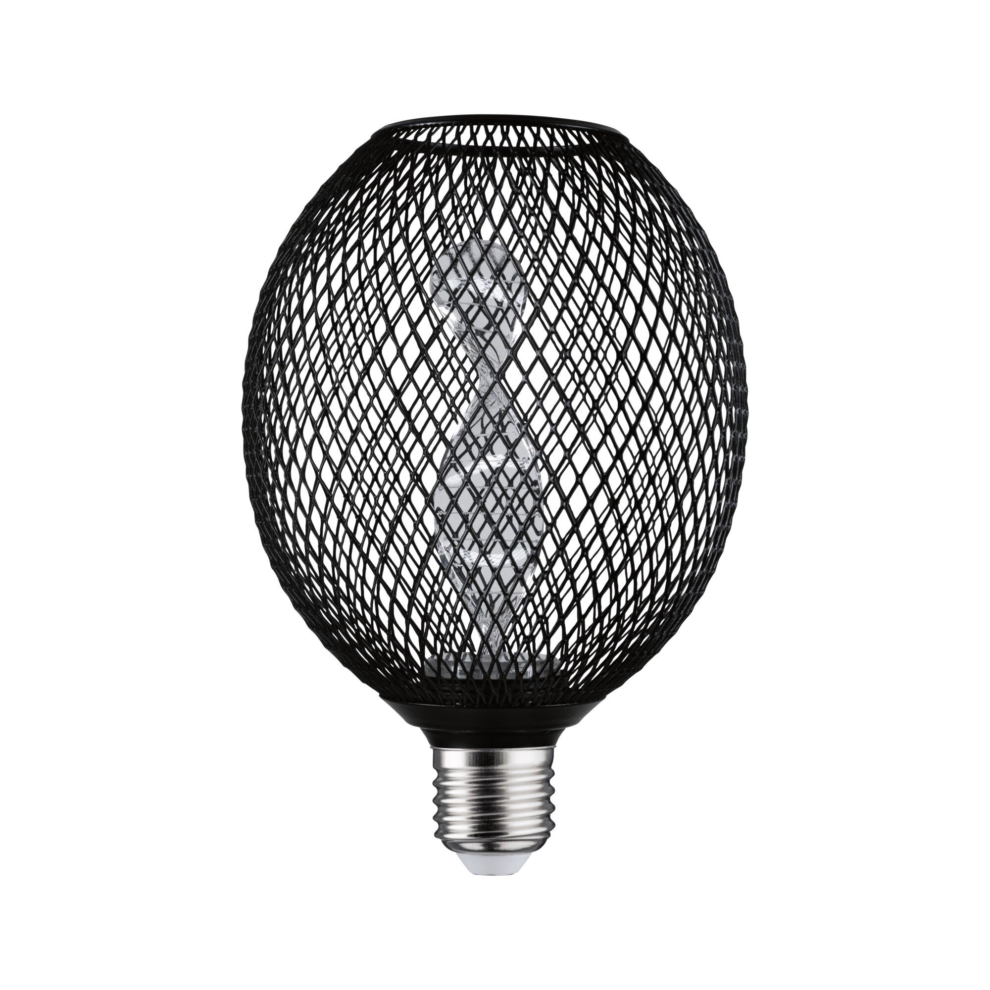 Ampoule LED avec grille métallique noire et filament décoratif pour un éclairage moderne