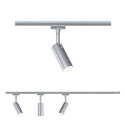 Three silver metal LED spotlights on track system for modern indoor lighting