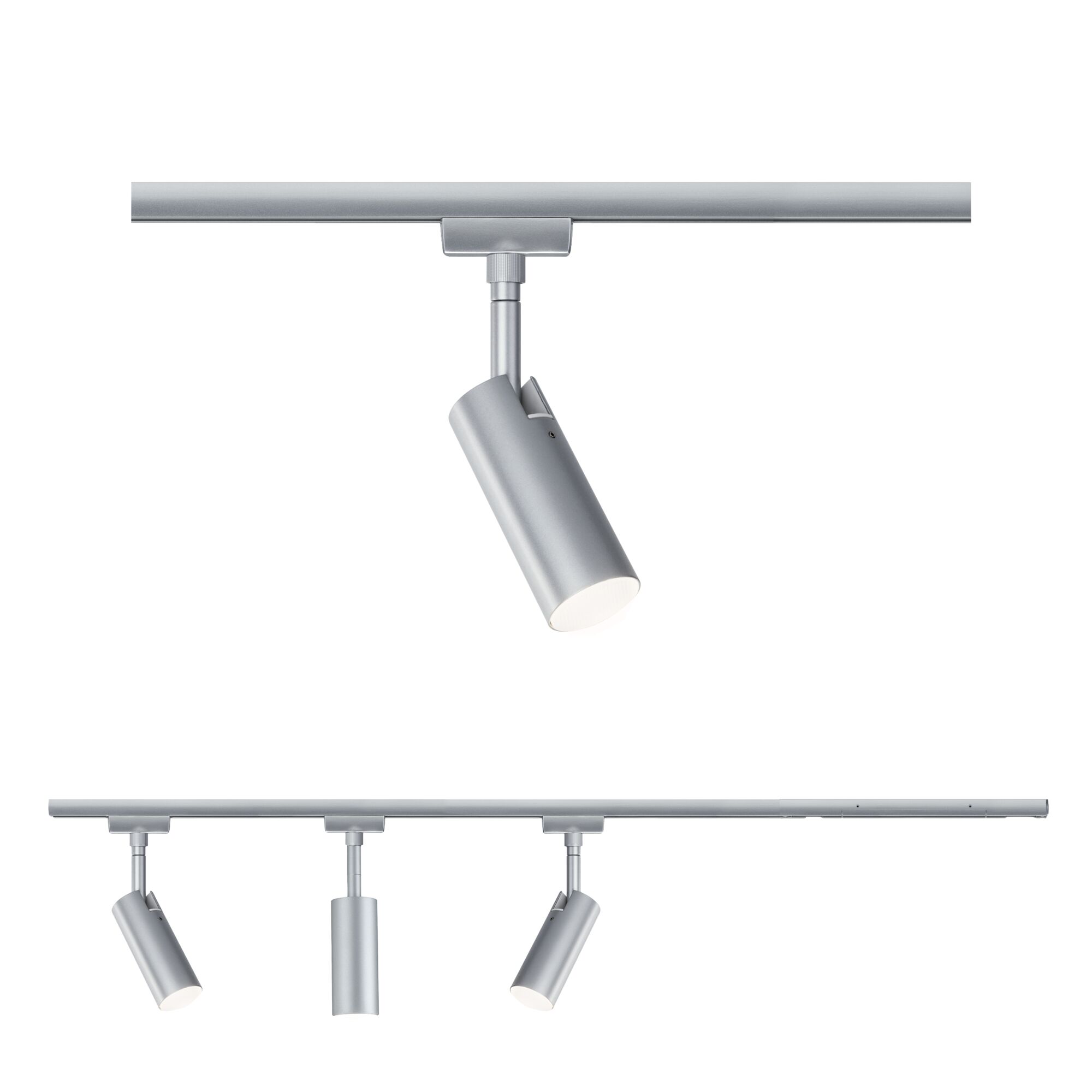 Trois spots LED en métal argenté sur rail pour un éclairage intérieur moderne