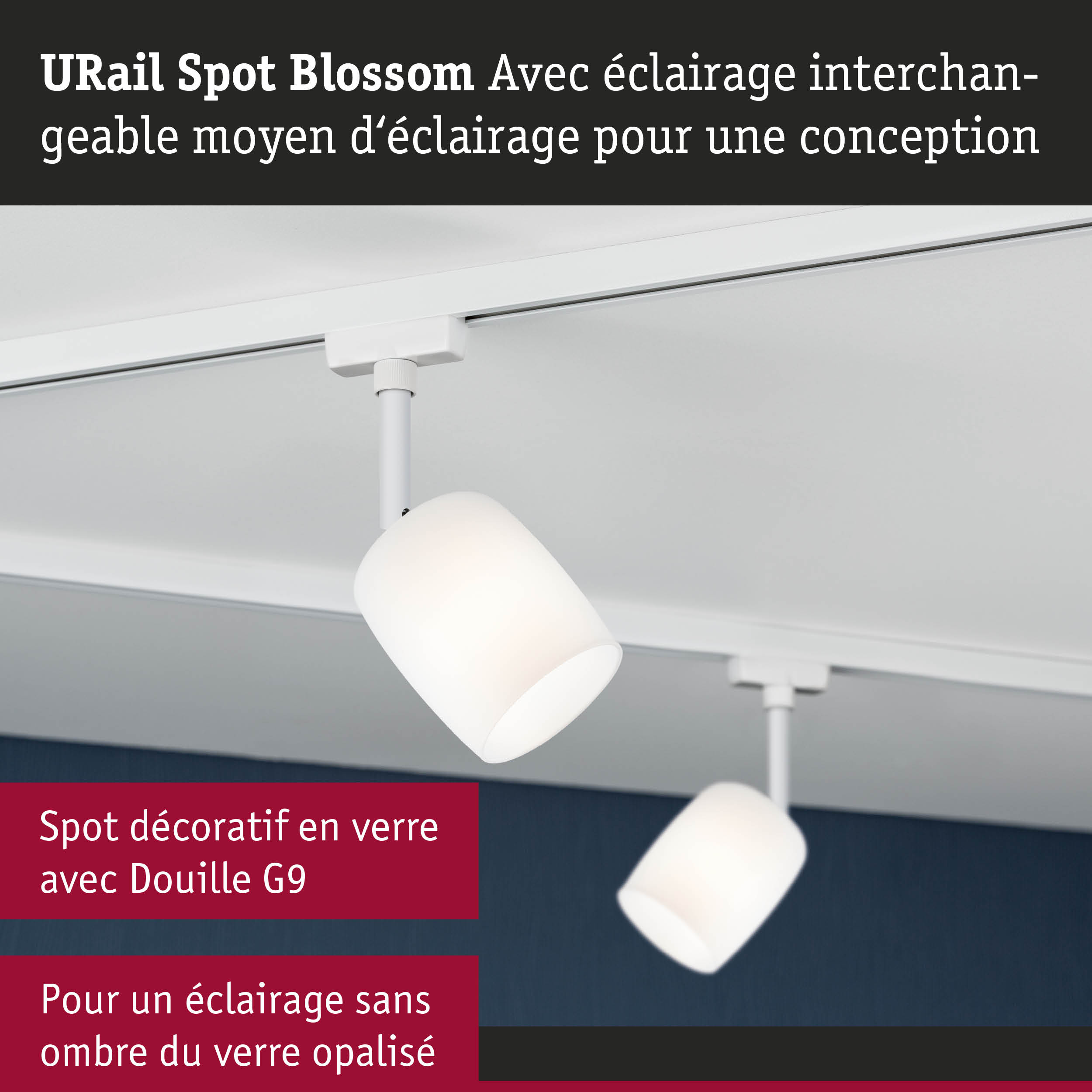 Spot URail Blossom blanc en verre opalisé avec douille G9 pour un éclairage sans ombre