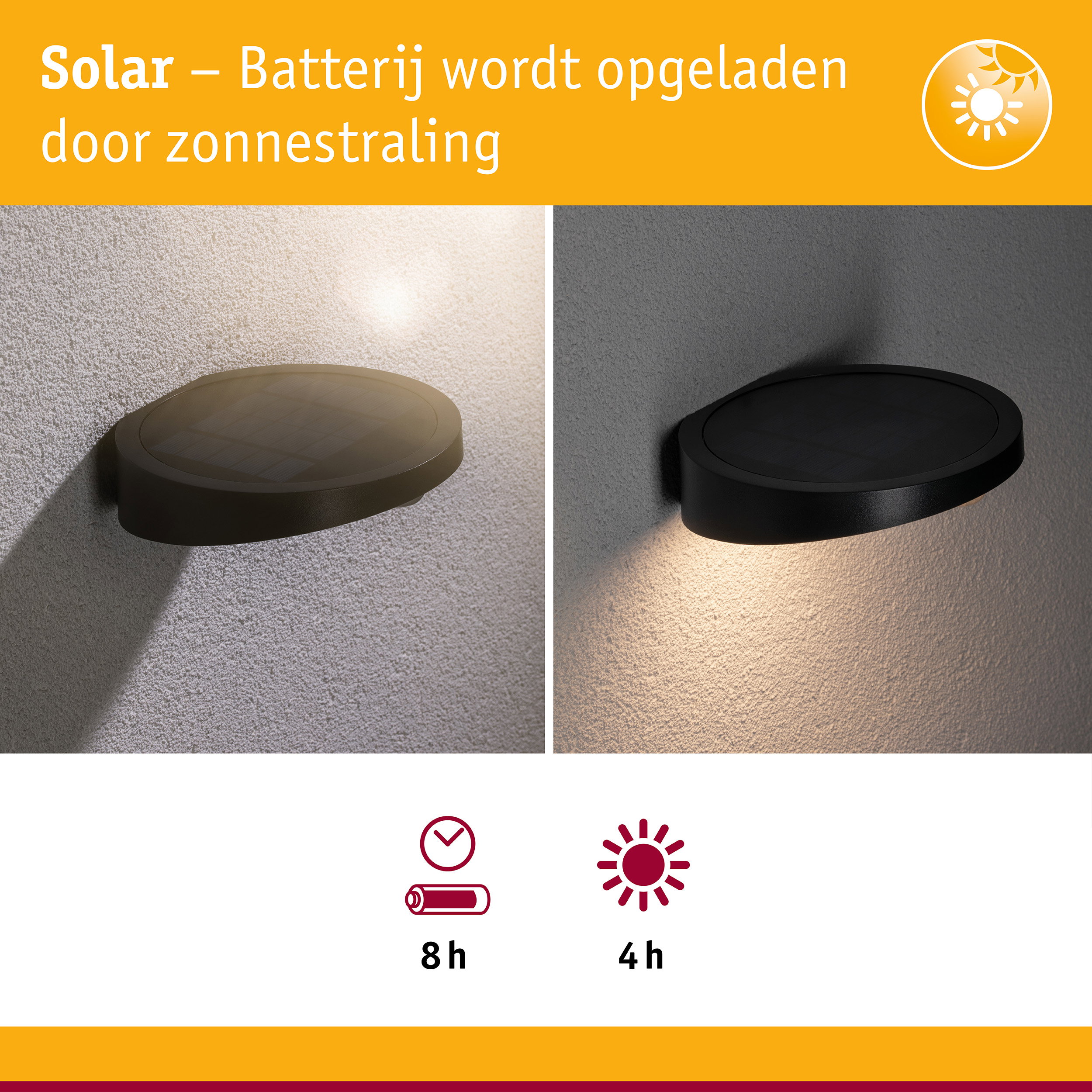Zwarte kunststof solar wandlamp met energiezuinige LED-verlichting gemonteerd aan muur buiten