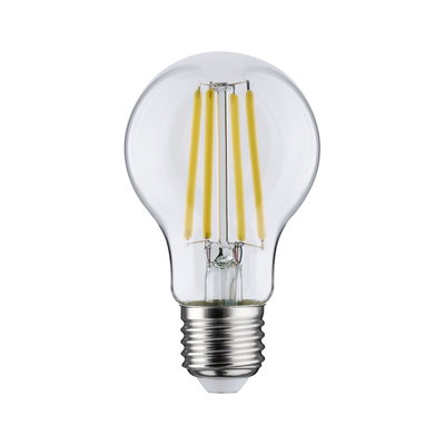 Classic LED light bulb with clear glass and yellow filaments, energy-saving lighting solution