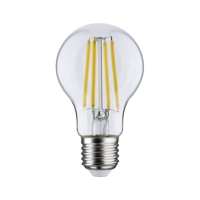 Classic LED light bulb with clear glass and yellow filaments, energy-saving lighting solution