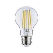 Classic LED light bulb with clear glass and yellow filaments, energy-saving lighting solution