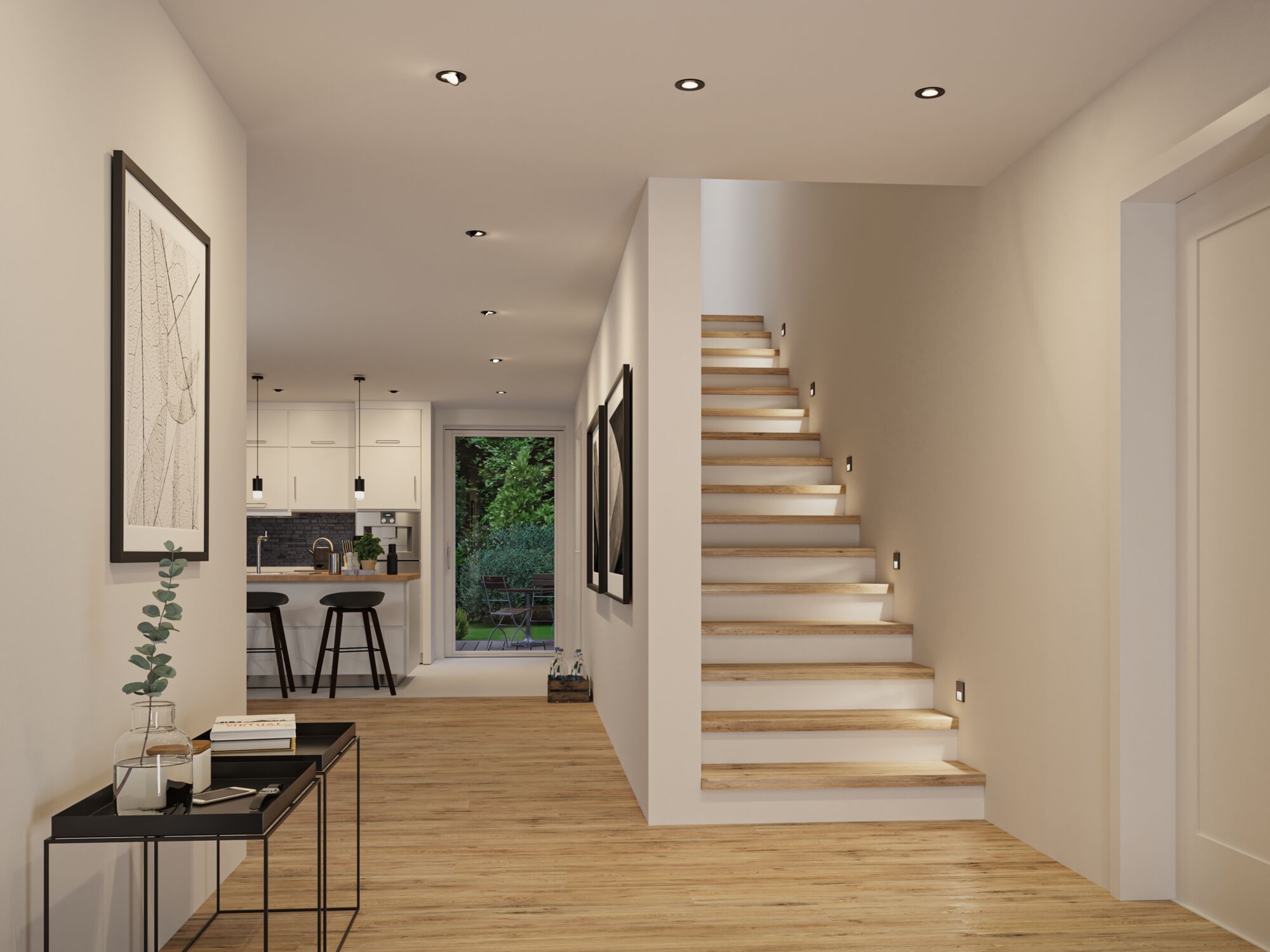 Moderner Flur mit Holztreppe und LED-Einbauleuchten in weißem Raum mit Holzboden