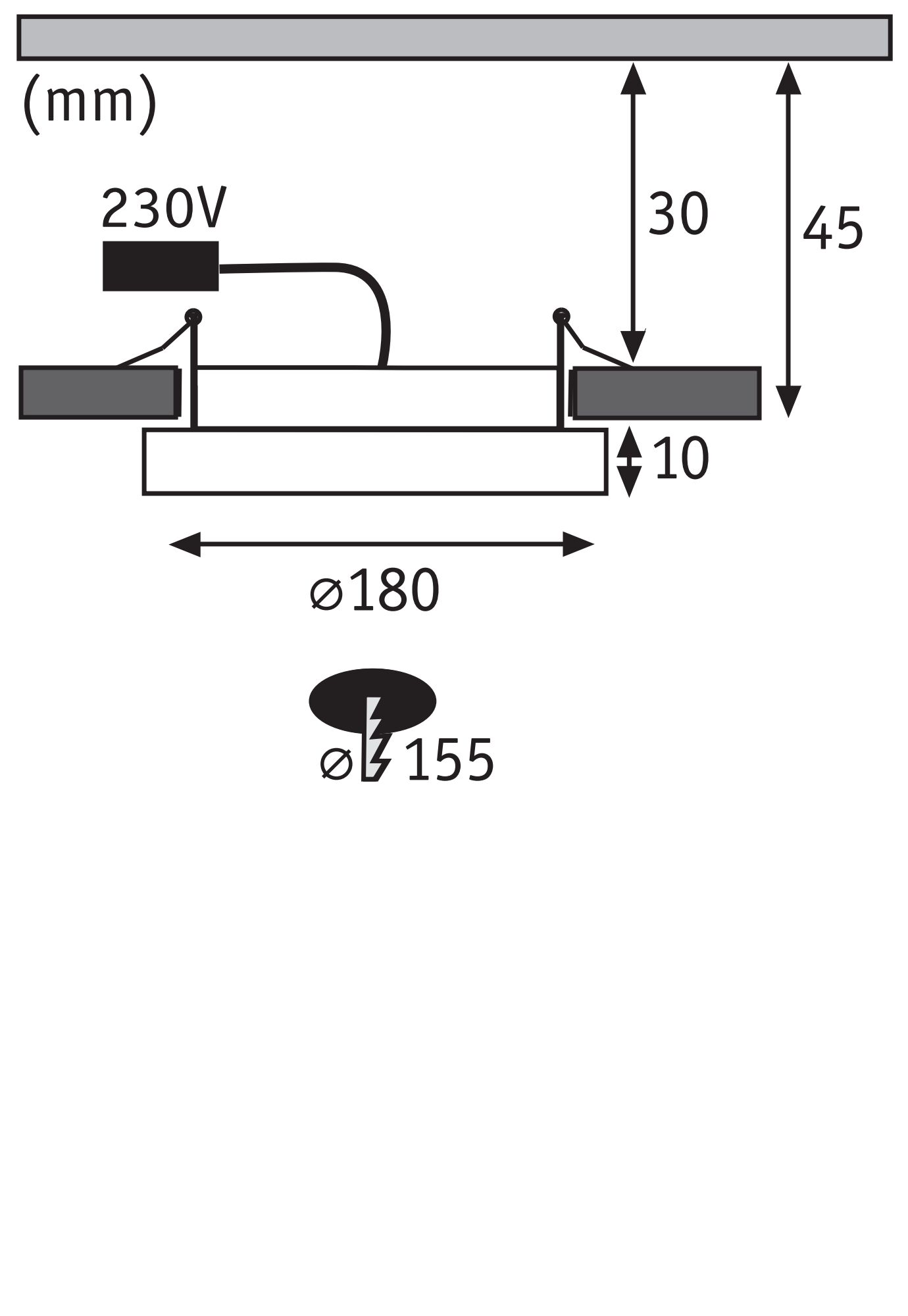Technical drawing of a recessed light with 180 mm diameter and 230V connection.