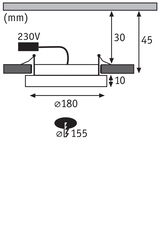 Technical drawing of a recessed light with 180 mm diameter and 230V connection.