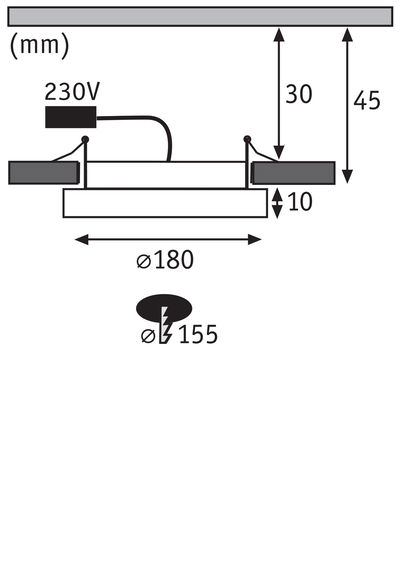 Technical drawing of a recessed light with 180 mm diameter and 230V connection.