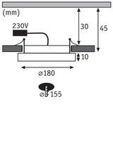 Technische Zeichnung einer Einbauleuchte mit 180 mm Durchmesser und 230V Anschluss.