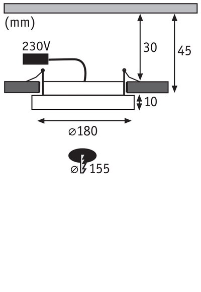 Technische Zeichnung einer Einbauleuchte mit 180 mm Durchmesser und 230V Anschluss.