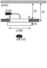 Technische Zeichnung einer Einbauleuchte mit 180 mm Durchmesser und 230V Anschluss.