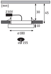 Technische Zeichnung einer Einbauleuchte mit 180 mm Durchmesser und 230V Anschluss.