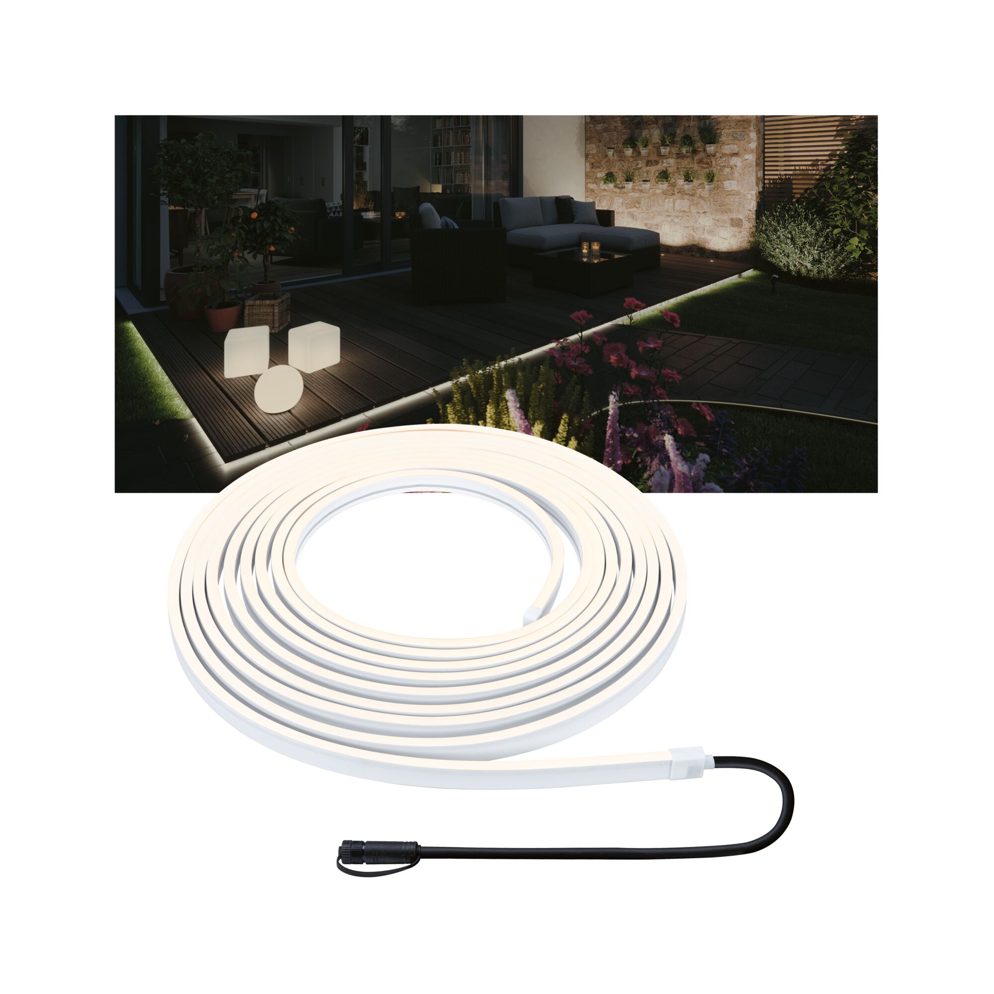 Plug & Shine LED Stripe Smooth Einzelstrip IP68 3000K 46W Weiß Flexibles LED-Lichtband in Weiß mit Anschlusskabel, ideal für stimmungsvolle Garten- und Terrassenbeleuchtung