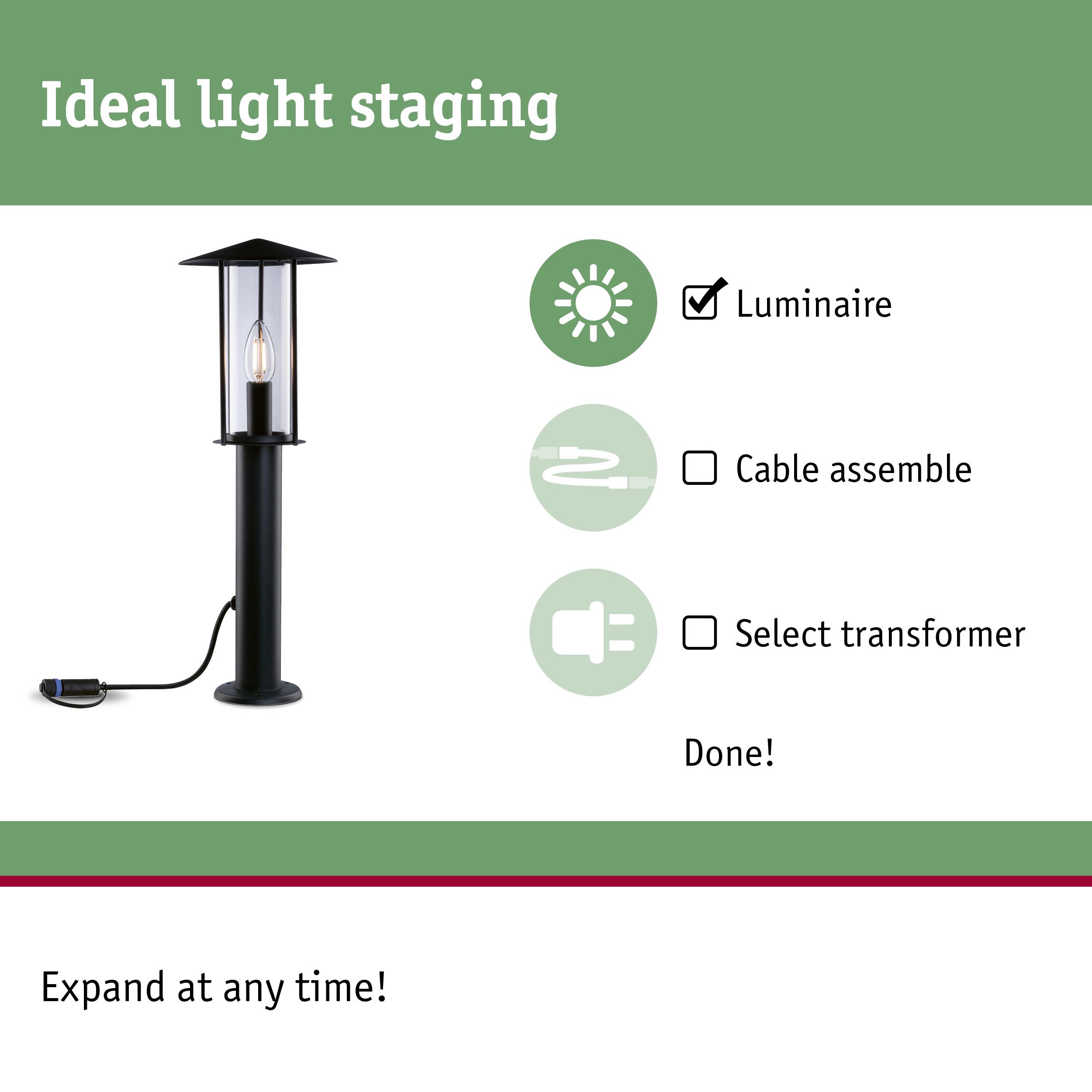 Black outdoor luminaire with clear glass and visible bulb for garden lighting and light staging