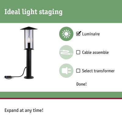 Black outdoor luminaire with clear glass and visible bulb for garden lighting and light staging